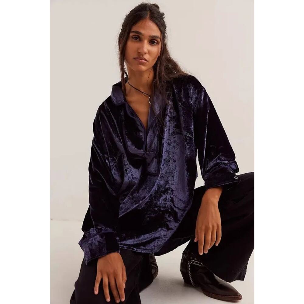 Free People Luxy Velvet Solid Long Sleeve Top Navy Blue/Night Sky Size M